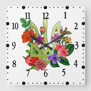 Horloge Carrée trident tryzub de l'héraldique ukrainienne fleurs