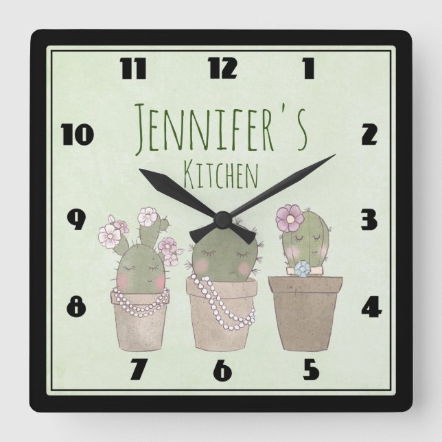 Horloge Carrée Trio Cactus mignonne portant bijoux (Recto)