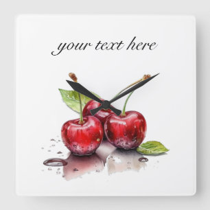 Horloge Carrée Trio de cerises fraîches en aquarelle, personnalis