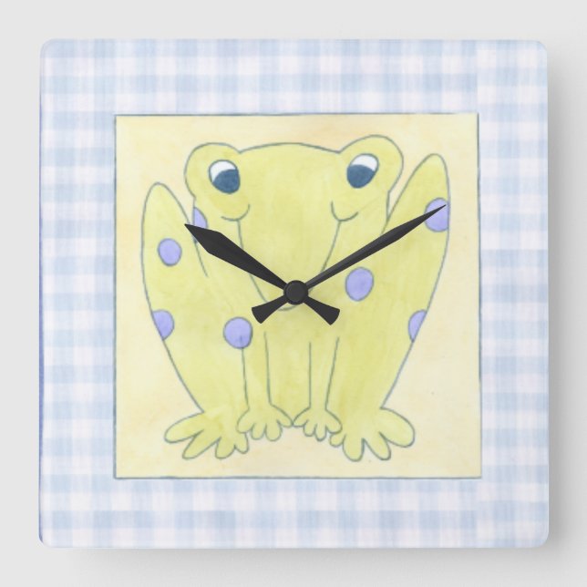 Horloge Carrée Trio de grenouille sur le tissu de guingan (Recto)