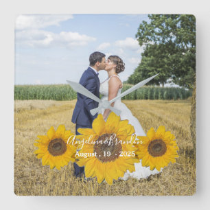 Horloge Carrée trio de tournesol - votre photo mariage