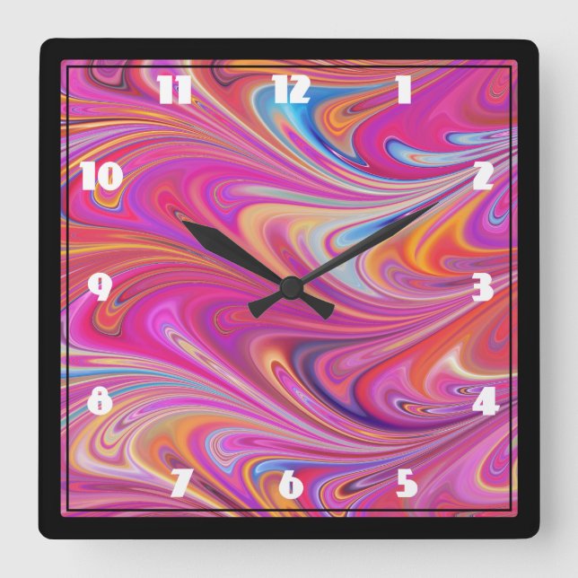 Horloge Carrée Trippy rose et orange design Tourbillonnant (Recto)