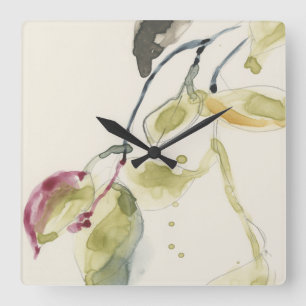 Horloge Carrée Triptyque de branche de feuille d'aquarelle