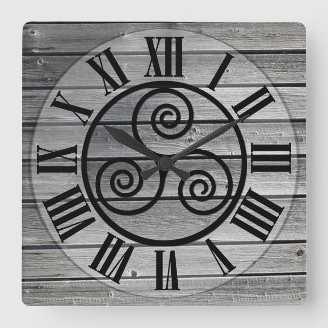 Horloge Carrée Triskelion Centré Sur Le Bois Vieilli Image, Blanc (Recto)
