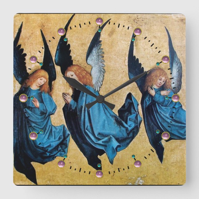 HORLOGE CARRÉE TROIS ANGELS DE NOËL EN BLEU (Recto)