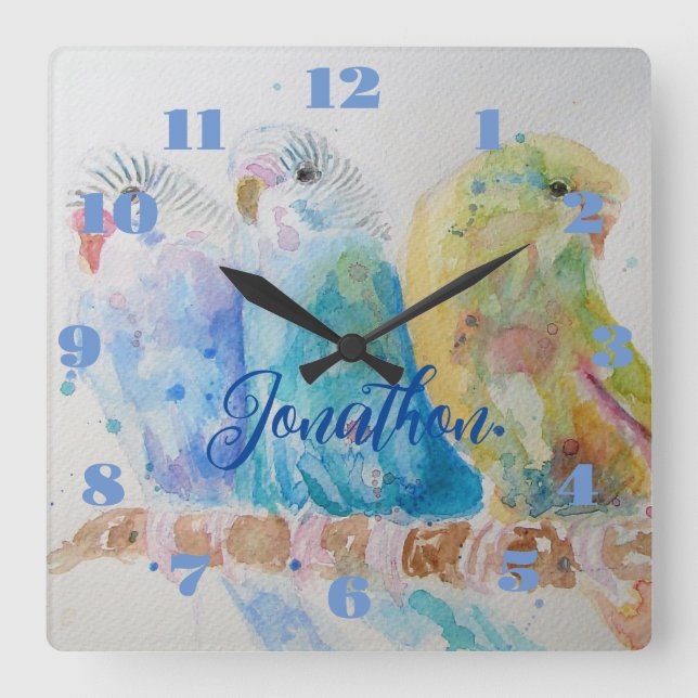 Horloge Carrée Trois Budgies Budgie Budgerigar Garçons Salle Horl (Recto)