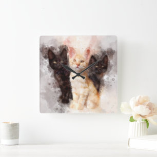 Horloge Carrée Trois chatons mignonnes et belle aquarelle