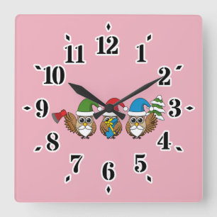Horloge Carrée Trois chouettes naines de Noël amusantes