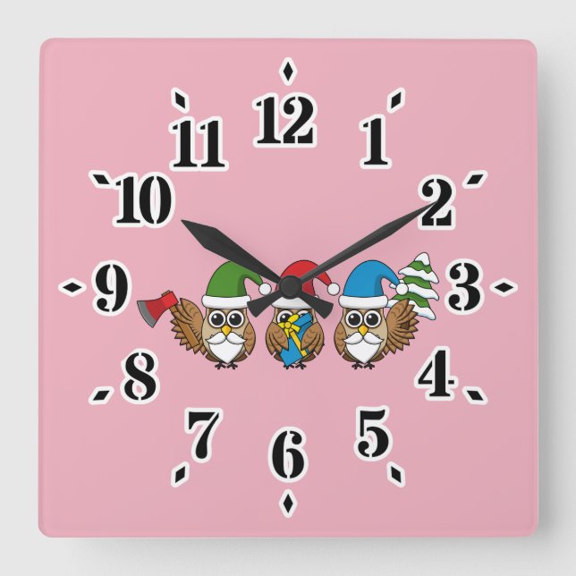 Horloge Carrée Trois chouettes naines de Noël amusantes (Recto)