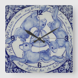 Horloge Carrée Trois Hares Rabbit Bleu et blanc Médaillon Oiseau