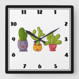 Horloge Carrée Trois mignons cactus dans des pots de fleurs Illus