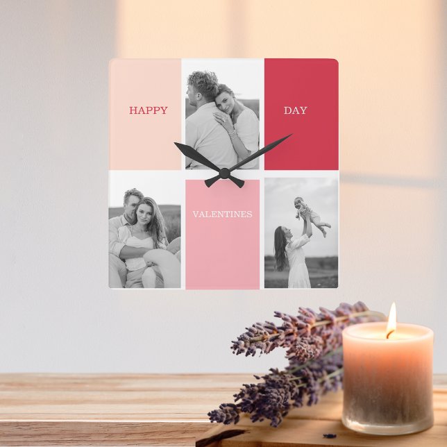 Horloge Carrée Trois photos | Bonne Saint Valentin (Créateur téléchargé)
