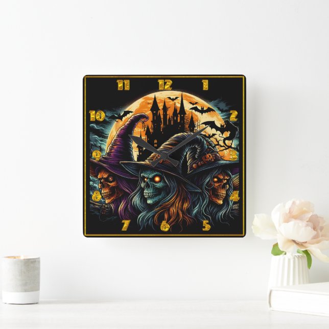 Horloge Carrée Trois sorcières se rassemblent sous une lune brill (Maison)