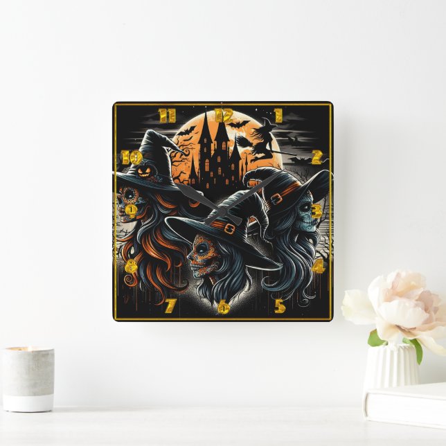 Horloge Carrée Trois sorcières sous une pleine lune la nuit d'Hal (Maison)