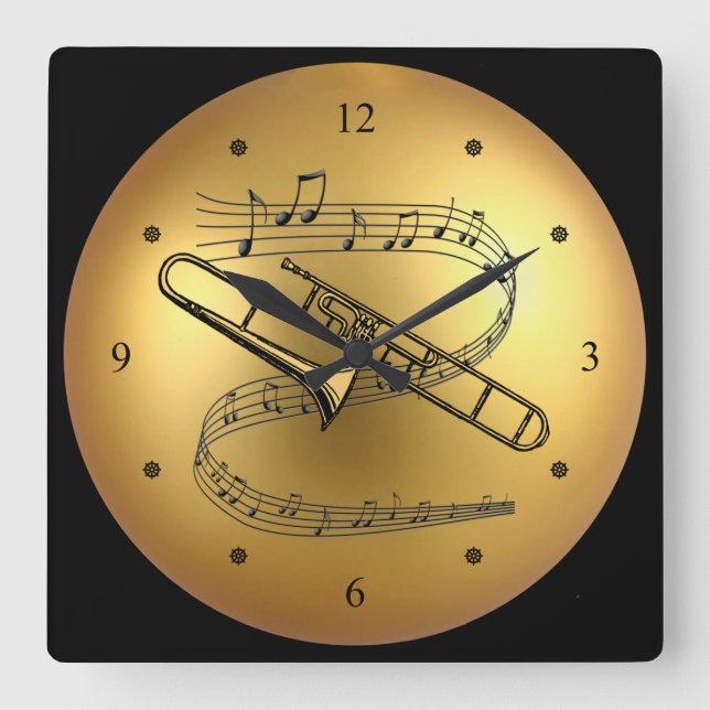 Horloge Carrée Trombone~Musical Scroll~ Golden Globe Background ~ (Recto)