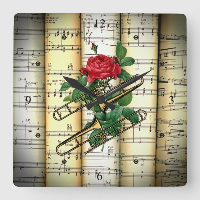Horloge Carrée Trombone & Rose ~ Partition roulée ~ Musique (Recto)