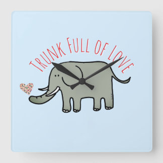 Horloge Carrée Trompe Pleine d'Amour Éléphant Mignon Doodle