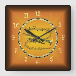 Horloge Carrée Trompette Sur Le Scroll Musical Russet Orange Time