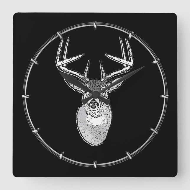 Horloge Carrée Trophée Buck sur Cerf à queue blanche noire (Recto)