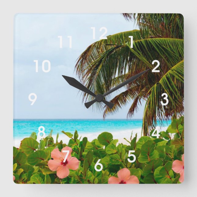 Horloge Carrée Tropical Beach Hibiscus Palm Tree Wall Clock (Recto)