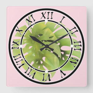 Horloge Carrée Tropical exotic green monstera leaves watercolor e
