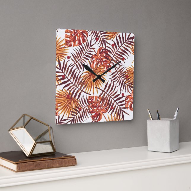 Horloge Carrée Tropical Orange Brown Palm Feuille Aquarelle Art (Bureau)