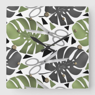 Horloge Carrée Tropical print monstera leaves scissors jungle exo
