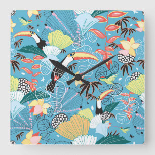 Horloge Carrée Tropical Texture With Toucans and Hummingbirds