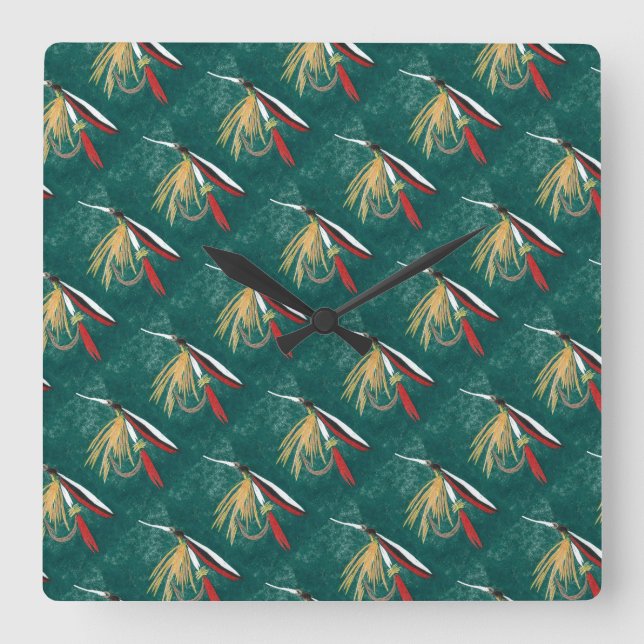 Horloge Carrée "Trout Fin" wet fly, fly fishing fly tying art (Recto)