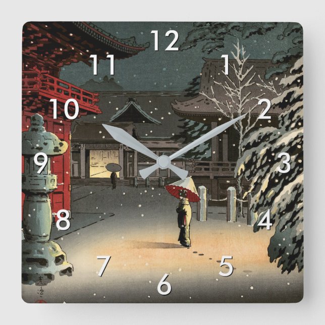 Horloge Carrée Tsuchiya Koitsu - Neige au temple de Nezu (Recto)