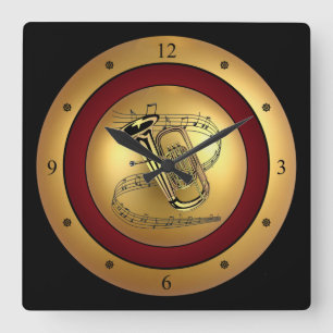 Horloge Carrée Tuba~Musical Scroll~Gold/Maroon/Black Background~