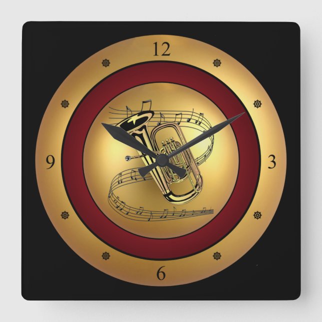 Horloge Carrée Tuba~Musical Scroll~Gold/Maroon/Black Background~ (Recto)