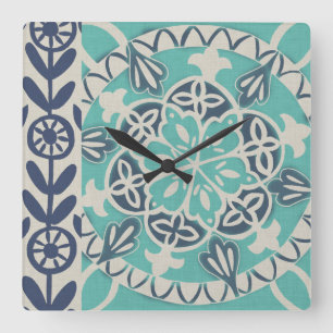Horloge Carrée Tuile bleue I de batik