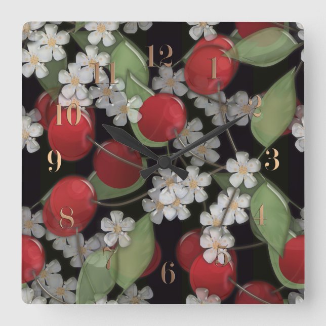 Horloge Carrée Tuile de verre 3D cerisier liquide et fleurs fleur (Recto)