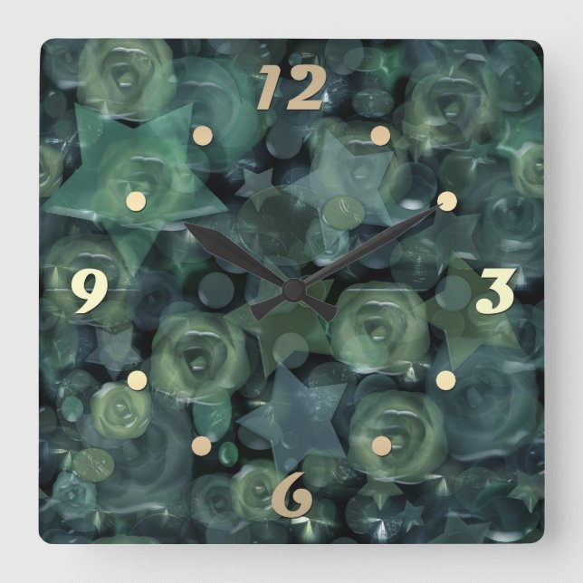 Horloge Carrée Tuile de verre 3D roses liquides et étoiles (Recto)