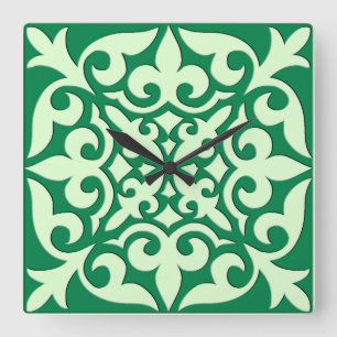 Horloge Carrée Tuile marocaine - émeraude et vert clair