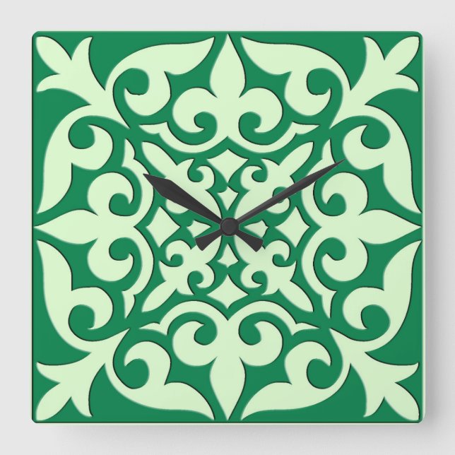 Horloge Carrée Tuile marocaine - émeraude et vert clair (Recto)