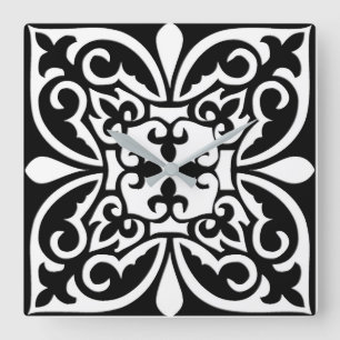Horloge Carrée Tuile marocaine - noir avec l'arrière - plan blanc
