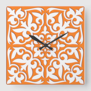 Horloge Carrée Tuile marocaine - orange et blanc de corail