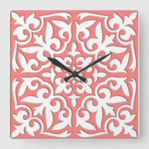 Horloge Carrée Tuile marocaine - rose de corail et blanc