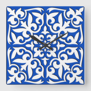 Horloge Carrée Tuiles marocaines - bleu cobalt et blanc