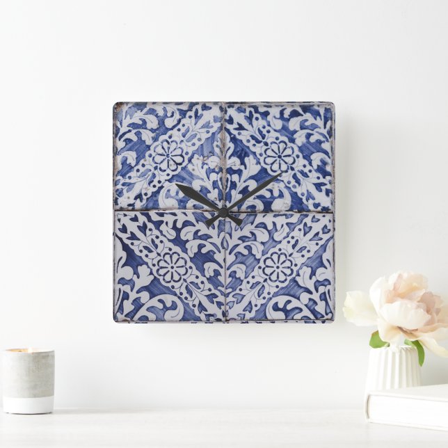 Horloge Carrée Tuiles portugaises - Azulejo Floral bleu et blanc (Maison)