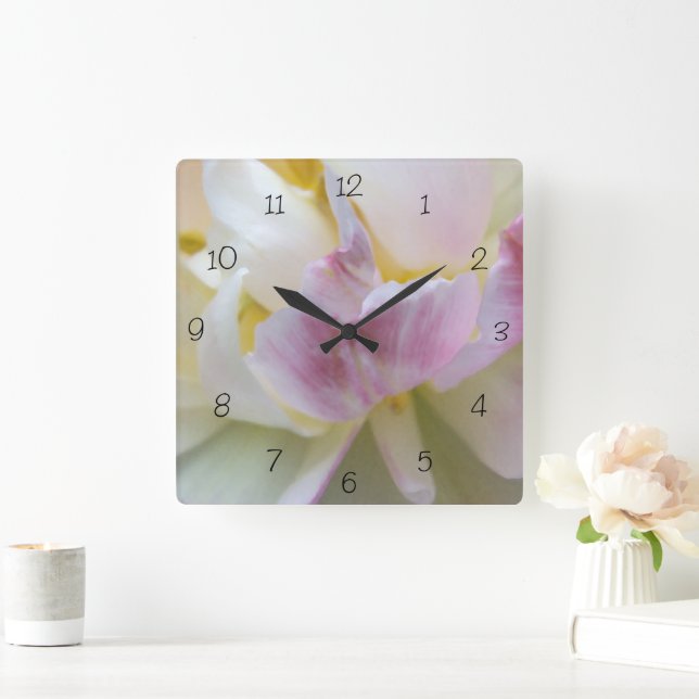Horloge Carrée Tulipe blanche et rose (Maison)