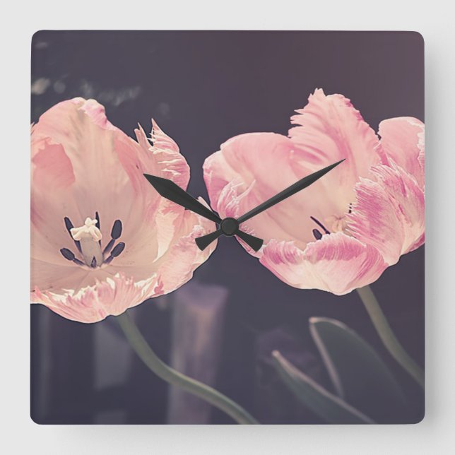 Horloge Carrée Tulipes en fleurs mignonnes -Personnalisées (Recto)