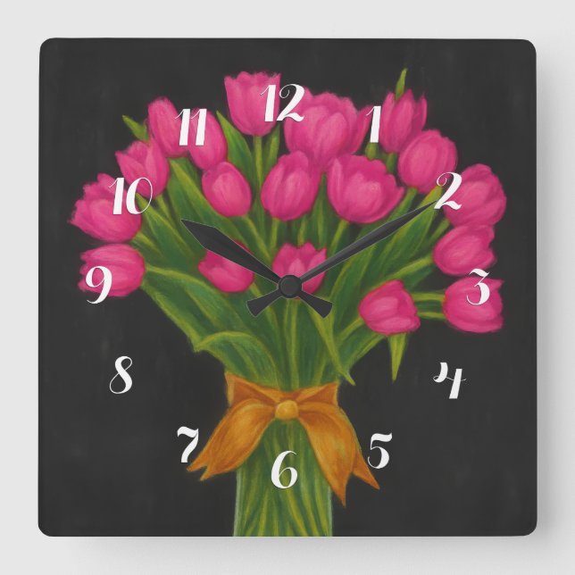 Horloge Carrée Tulipes roses du tableau noir (Recto)