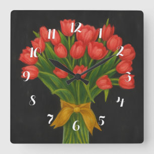Horloge Carrée Tulipes rouges en tableau noir
