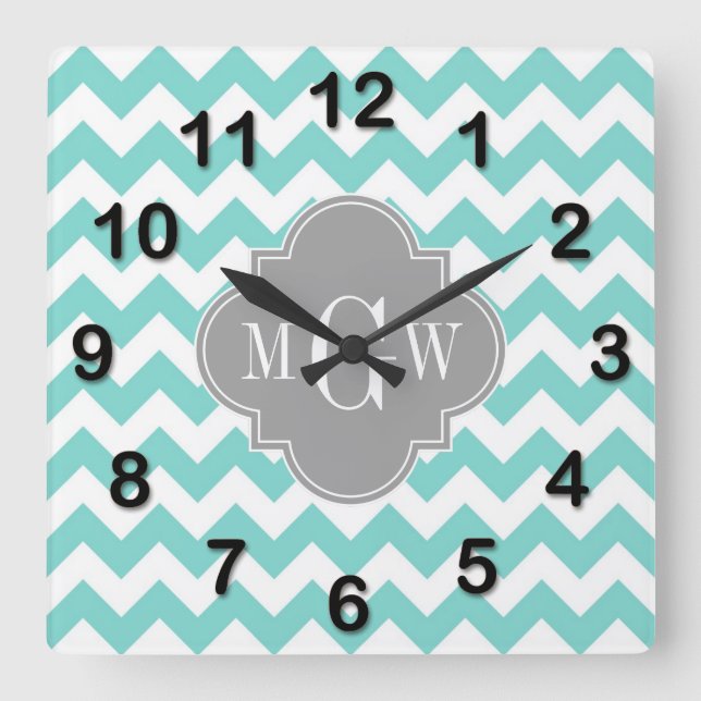 Horloge Carrée Turq / Aqua Wht Chevron Gris 3 Monogramme initial (Recto)