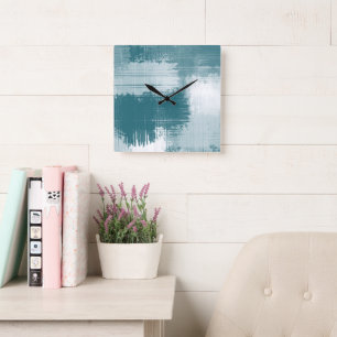 Horloge Carrée Turquoise Blanc Abstrait