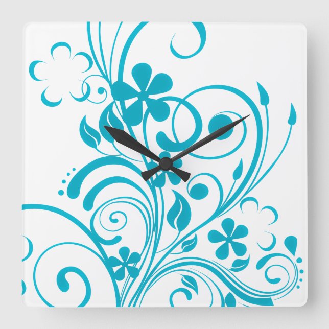 Horloge Carrée Turquoise bleu floral torse rétro (Recto)
