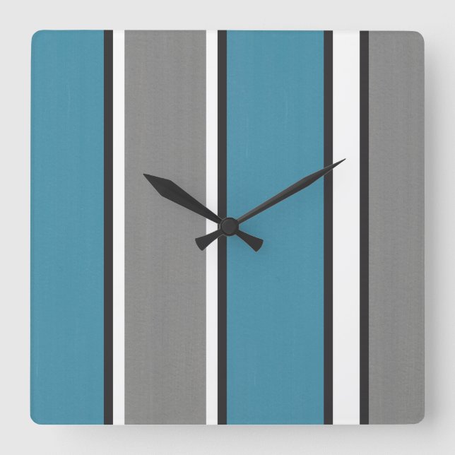 Horloge Carrée Turquoise bleu gris et blanc rayé moderne (Recto)